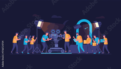 Behind the scenes of a movie and TV production, showcasing a film crew operating a vintage camera on a dolly, with lighting equipment and crew members carrying equipment, illustrating the