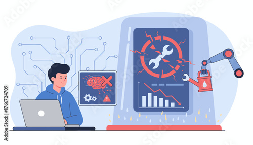 Conceptual illustration of a person working on a laptop, surrounded by elements symbolizing technology, artificial intelligence, and system errors, with a robotic arm attempting to fix a broken