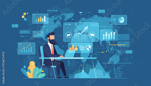 A focused businessman analyzes global financial markets and investment plans on his laptop, surrounded by holographic charts, graphs, and data visualizations, representing strategic business growth