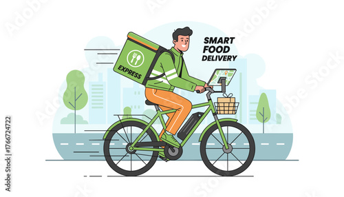 Dynamic illustration of a smiling male bicycle courier with a large green insulated bag labeled "EXPRESS" on his back, riding an electric bike through a city street, navigating with a tablet
