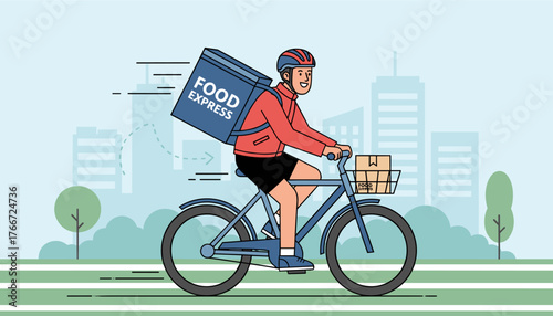 Vibrant illustration of a smiling bicycle courier with a large 'Food Express' insulated bag on their back, delivering food in a modern city with skyscrapers and trees, symbolizing fast and efficient