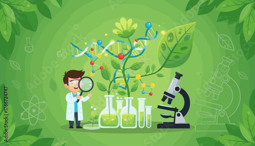 Vibrant illustration of a young scientist in a lab coat examining a plant with a magnifying glass, surrounded by scientific equipment like microscopes and test tubes, alongside DNA strands and