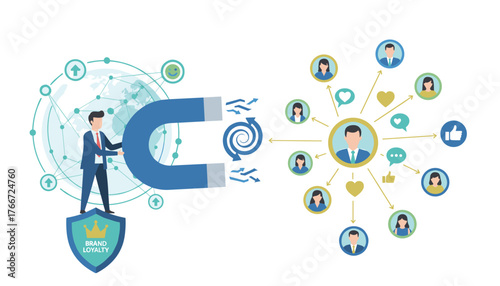 Conceptual illustration of brand engagement and customer loyalty, with a businessman using a large magnet to attract diverse people and social media icons, symbolizing marketing strategy and