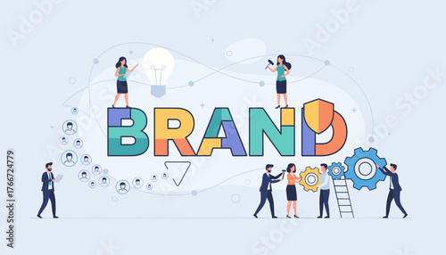 Conceptual illustration of building a brand identity and awareness through collaborative teamwork, advertising strategies, and innovative ideas, symbolizing business growth and marketing success with