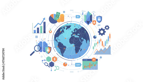 Global business and economic growth illustrated with interconnected digital network surrounding Earth, featuring charts, graphs, AI, blockchain, security, and financial elements, symbolizing