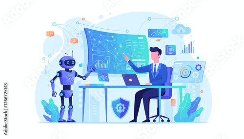 Futuristic business intelligence concept: A man in a suit collaborates with a sophisticated robot, analyzing complex data visualizations on a large screen, symbolizing AI-driven insights and