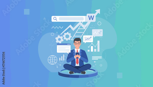 A focused businessman in a suit sits cross-legged, meditating while using a smartphone, surrounded by abstract business analytics graphics, charts, graphs, a search bar, and gears, symbolizing SEO