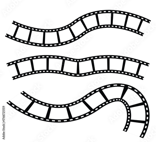 Photographic film in retro style, Film strip icon used for videography elements, cinema reel. Trendy editable camera roll effect design. Curved film strip. 