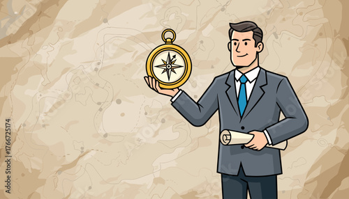 A smiling businessman in a suit holds a golden compass in his hand and a rolled-up map, standing against a background of an old, crumpled paper with a map illustration, symbolizing guidance