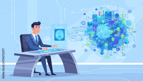 Futuristic businessman in a suit interacting with a holographic AI chip interface, surrounded by a complex network of data cubes and circuits, symbolizing advanced technology and artificial