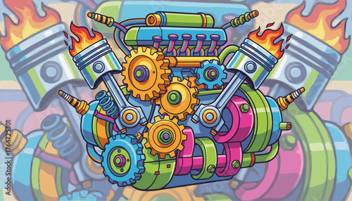Vibrant and colorful cartoon illustration of a stylized internal combustion engine, featuring pistons with flames, intricate gears, and mechanical components in bright, eye-catching hues, perfect for