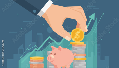 Close-up of a male hand in a suit jacket and white shirt placing a gold coin with a dollar sign into a stack of coins next to a pink piggy bank, with a rising green graph and city skyline in the