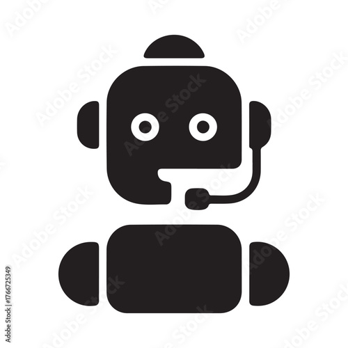 Stylized black silhouette icon of a robot with a headset and microphone