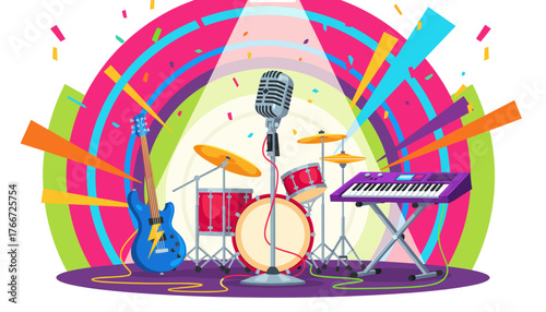 Vibrant and dynamic illustration of a stage setup featuring a classic microphone, a blue electric guitar with a lightning bolt emblem, a red drum kit, and a purple keyboard on a stand, all bathed in