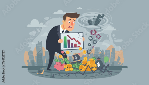 Economic collapse concept: a distressed businessman holds a broken tablet showing a downward trending graph amidst a chaotic scene of falling money, a shattered piggy bank, a sinking ship, and a