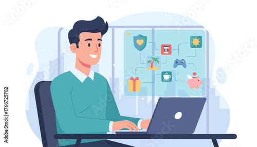 Man working on laptop with employee benefits concept icons displayed on screen: insurance shield, paid vacation island, gift box, coffee cup, gaming controller, and piggy bank with wings