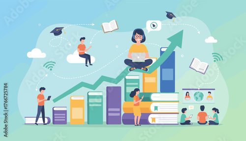 Vibrant vector illustration depicting the concept of online education and learning, featuring diverse people engaging with technology, books, and a rising graph symbolizing academic growth and