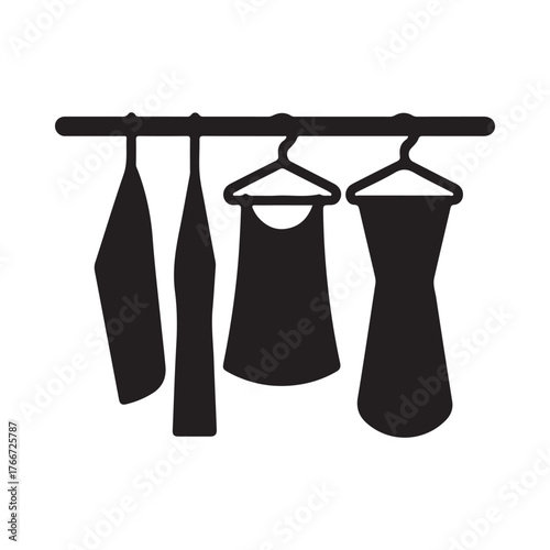Silhouette of clothes hanging on a rack against a white background
