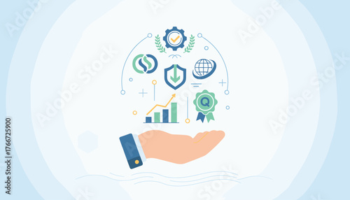 Conceptual illustration of a hand presenting a collection of business and quality assurance icons, symbolizing top-tier service, global reach, security, and growth, set against a clean, light blue