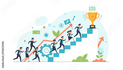 Vibrant illustration of a diverse team of professionals in business attire running up a staircase towards a golden trophy, symbolizing growth, success, achievement, teamwork, and career advancement