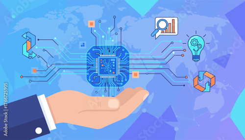 Conceptual illustration of a human hand holding a glowing blue AI electronic circuit board, symbolizing technology, innovation, and global networking, set against a world map background with