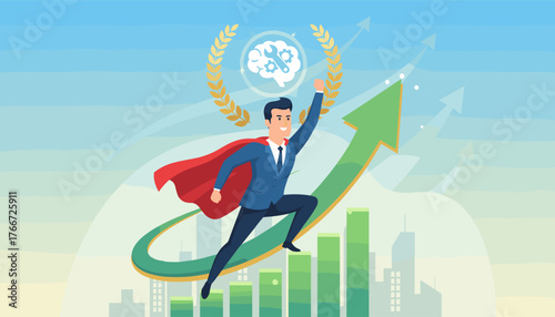 Superhero businessman in a blue suit and red cape soaring upwards on a green arrow graph, symbolizing business growth, success, and achievement, with a laurel wreath and brain icon overhead against a