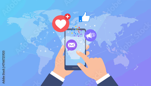 Hands of a man using a smartphone with social media notifications like a heart, thumbs up, email, and megaphone with dollar sign, against a backdrop of a world map, symbolizing global digital