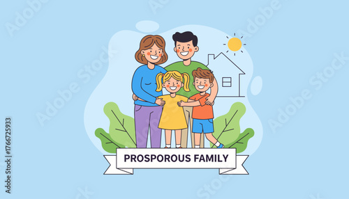 Charming vector illustration of a happy, prosperous family of four, including parents and two children, embracing warmly in front of a stylized house and sunny sky, symbolizing home, unity, and