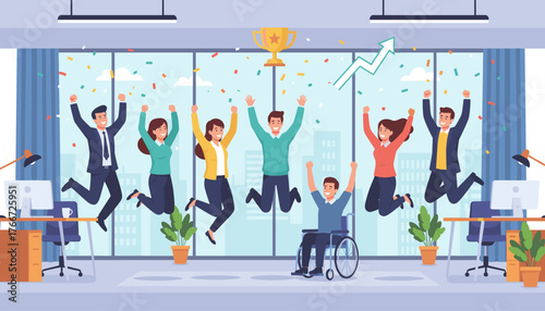 Diverse group of happy office workers and employees jumping for joy in a modern office setting, celebrating success with confetti and a golden trophy, symbolizing teamwork and achievement, with a