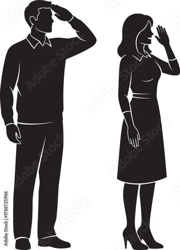 Man and woman silhouette, saluting pose, standing together, black outline, vector art, minimalist design, white background, respect gesture, couple illustration