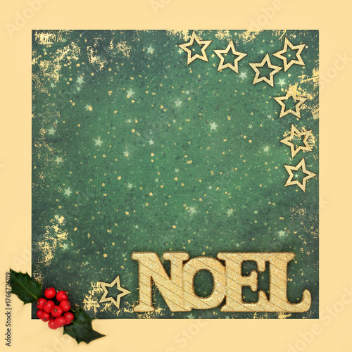 Christmas Noel sign,  reindeer, stars, holly on green gold grunge background border. Festive frame design for holiday season with Xmas theme.