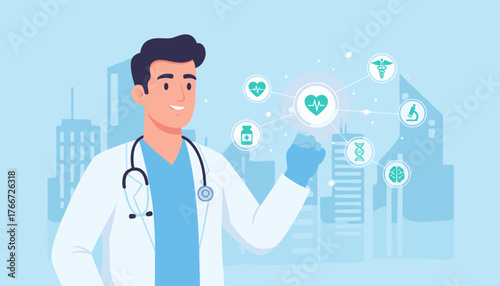 A smiling male doctor in a white coat and blue scrubs, wearing a stethoscope, touches a glowing digital interface with medical icons like heart rate, DNA, brain, microscope, and pill bottle, against