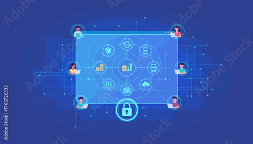 Digital online banking technology concept with people connected via laptops to a central hub of financial icons including security, money, cloud storage, and global network, symbolizing secure and