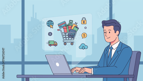 Vibrant illustration of a businessman in a blue suit using a laptop, with a thought bubble showcasing a shopping cart filled with gifts, credit cards, and mobile phones, symbolizing online shopping
