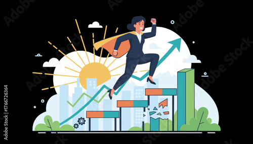 Dynamic illustration of a determined businesswoman in a superhero cape leaping over broken steps on a rising staircase, symbolizing overcoming obstacles and achieving success, set against a backdrop