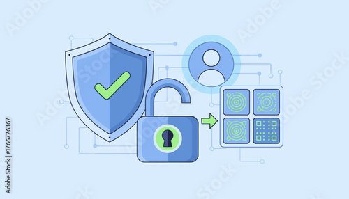 Digital security concept illustration featuring a shield with a checkmark, an unlocked padlock with a keyhole, and a user icon connected by network lines, symbolizing secure login, authentication