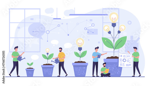 Illustrative concept of business growth and idea development, showing diverse people nurturing potted plants that sprout light bulbs, symbolizing innovation, teamwork, and the nurturing of new