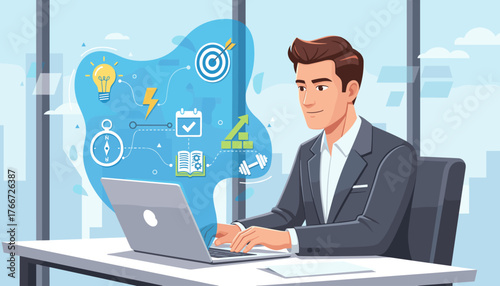 Focused businessman working on a laptop, surrounded by icons representing personal growth, creativity, vision, motivation, and success, symbolizing career development and goal achievement in a modern