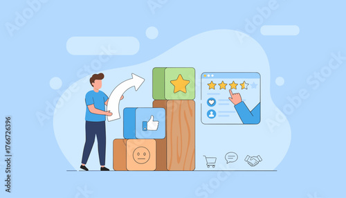 A person is shown interacting with a digital interface, symbolizing the process of rating customer satisfaction online, with elements like star ratings, a thumbs-up icon, and a handshake representing