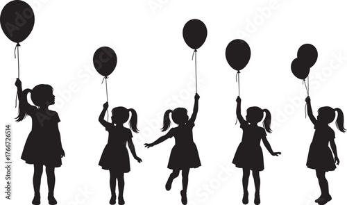 Children silhouette, girls with balloons, playful kids, jumping joy, childhood freedom, happy moment, black outline, white background, celebration, minimalist, vector art