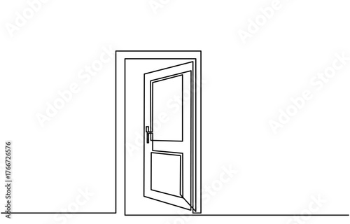 continuous line drawing of an open door, concept of opportunity, freedom, and new beginnings, open door isolated on a white background.One-line open door vector illustration.