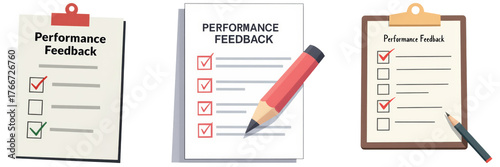 Set of employee feedback and HR survey. Three sheets of paper displaying performance feedback with checkboxes and a pencil, emphasizing assessment and evaluation.