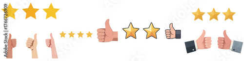 Set of online social opinion poll and voting concept. A collection of thumbs-up gestures and star ratings, symbolizing approval and positive feedback.