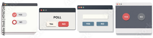A set of user interface elements including buttons for Yes, No, and polls, designed for interactive decision-making and feedback.