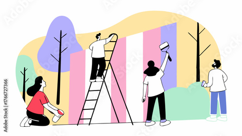 Outdoor Creativity Neighbors are painting a vibrant mural on a nearby wall with one person holding a ladder while others are mixed media artists adding their unique styles