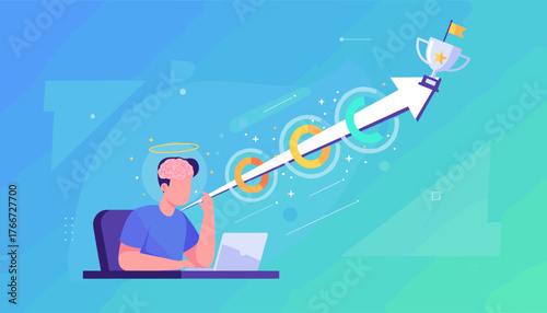 Concentration and increased motivation are key elements for achieving success, depicted by a person working on a laptop with a brain and halo, leading to a trophy on an upward arrow, symbolizing goal