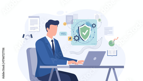 Concept of compliance in business, a businessman uses a laptop to manage digital security and data protection, symbolizing corporate responsibility, legal adherence, and successful strategy