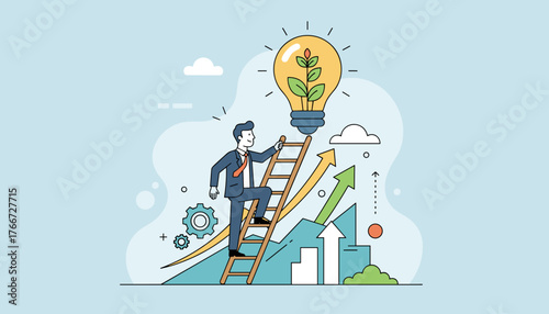 A determined businessman climbs a ladder towards a glowing lightbulb containing a flourishing plant, symbolizing growth, innovation, and achieving success through creative ideas and solutions, set