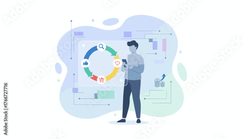 Customer journey concept illustration with a person using a smartphone to navigate a circular diagram showing search, like, heart, and shopping cart icons, representing online engagement and