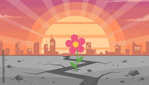 A vibrant pink flower with a yellow center pushes through a cracked concrete street, symbolizing resilience and hope against a backdrop of a stylized cityscape at sunset with radiating sunbeams and